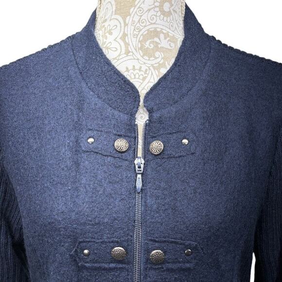 Women's Orvis 100% Wool Knit Full Zip Navy Cardigan Medium Military Industrial - Picture 3 of 7